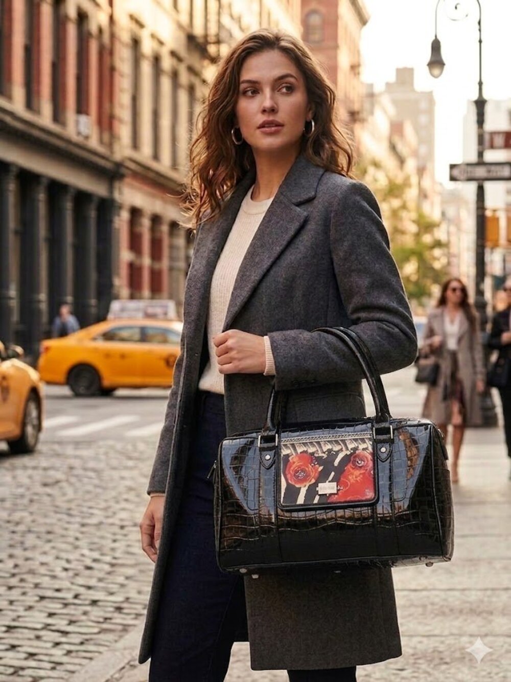 Stella Page purse in black crocodile pattern with feet